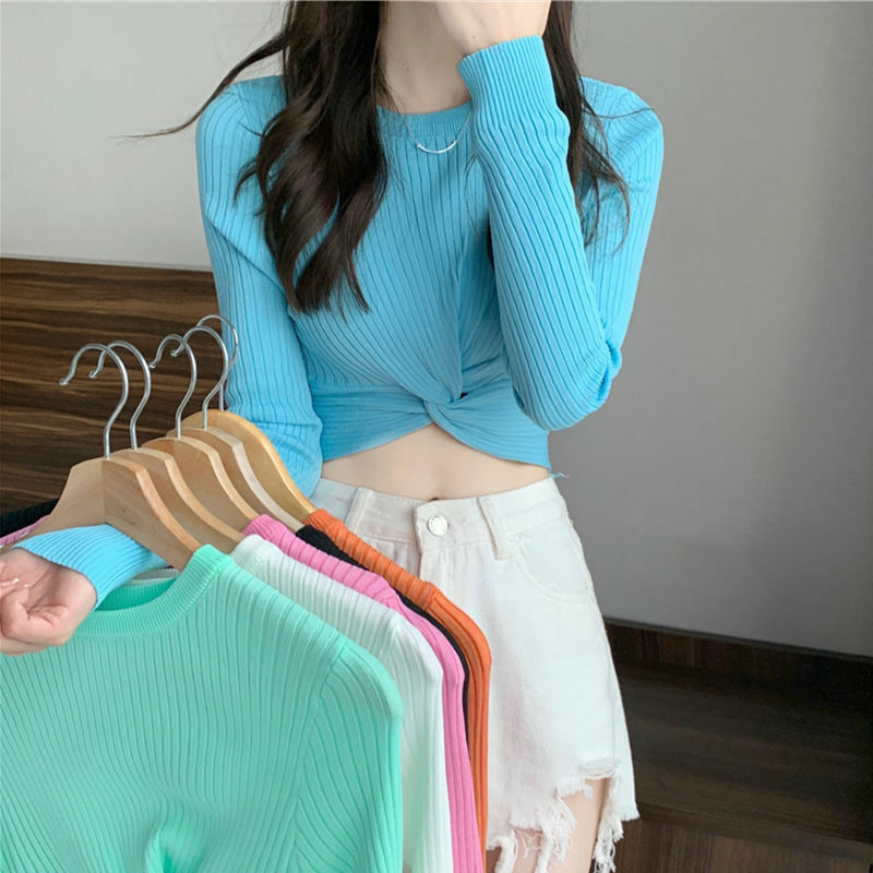 Camiseta de punto coreana para mujer, Tops irregulares de estilo corto de manga larga cruzada