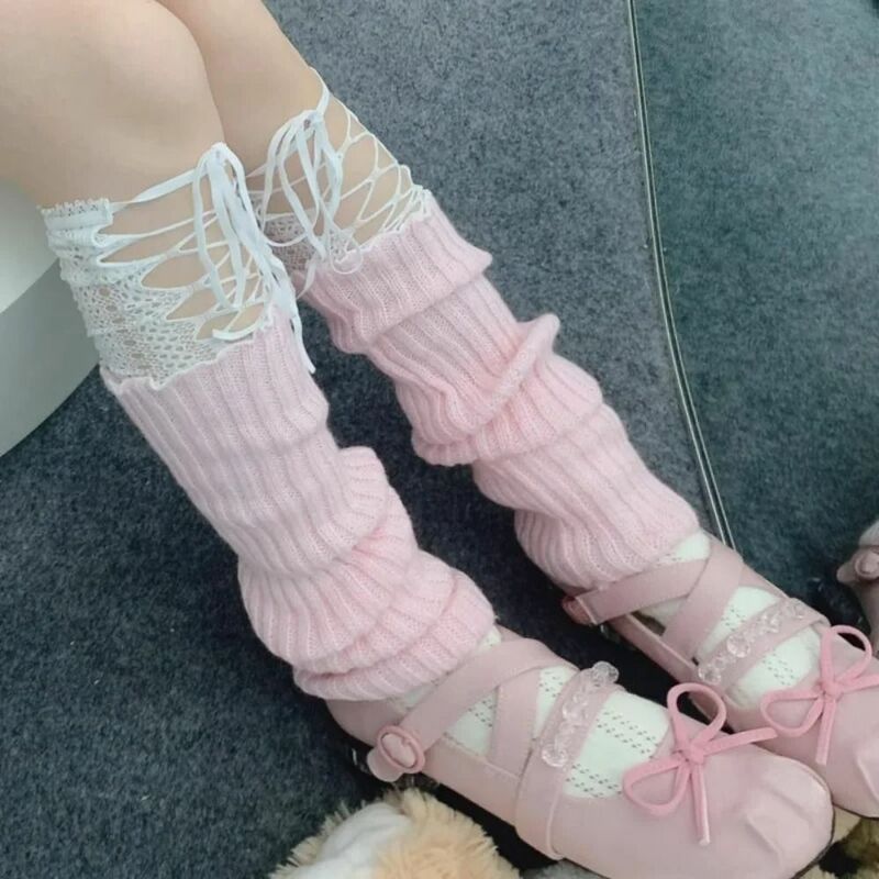 Długie skarpetki Lolita do kolan skarpetki na nogi Y2K nakładka ochronna na buty koronkowa dzianina osłona na nogi Kawaii ocieplacze Harajuku czarne białe kabaretki