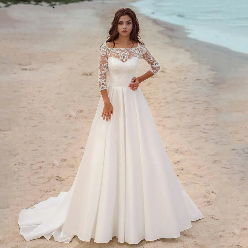 Elegant A Line Wedding Dresses 2024 3/4 Long Sleeves Scoop Neck Lace Appliques Sweep Train Beach Bridal Gowns Robe De Mariee