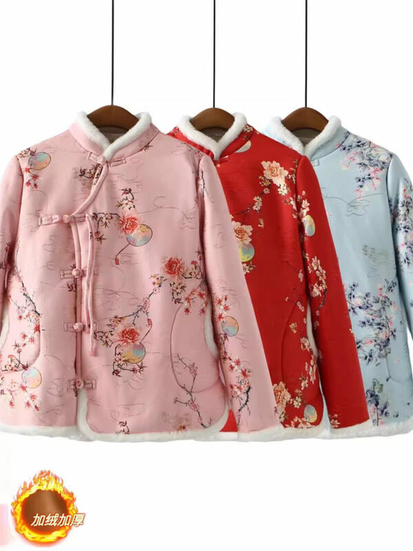 Giacca invernale in cotone caldo coreano in stile cinese con colletto alla coreana con stampa a bottoni cappotto di fiori oversize addensato in peluche per le donne Z4660