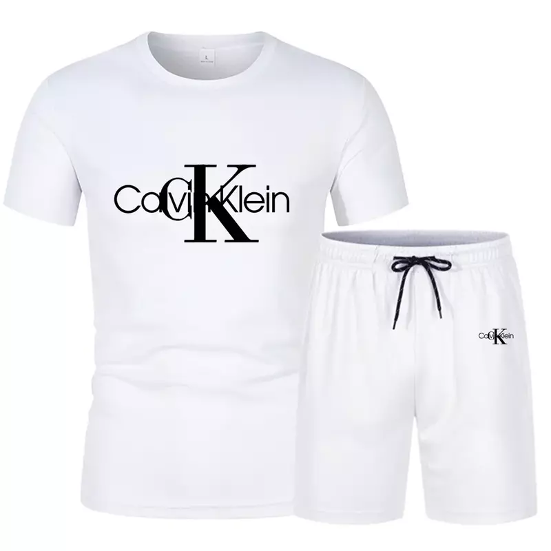 Set lengan pendek + celana pendek tali serut pria, set dua potong, motif huruf, olahraga kasual modis musim panas untuk pria
