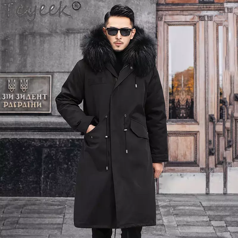 Tcyeek-Parka masculina de lã de carneiro, casaco quente de inverno, gola de pele de raposa, casaco tosquia de ovelha, moda coreana, roupas masculinas, 2023