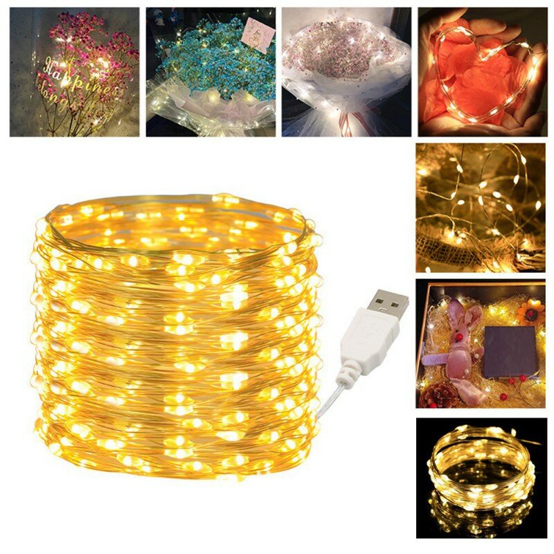 USB LED Cobre Prata Fio Luz, impermeável Fairy Lights, Guirlanda, Natal, Casamento, Feriado, Decorações Do Partido, LED, String