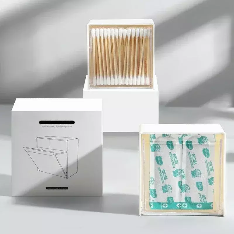 Cajas de almacenamiento de plástico montadas en la pared, organizador de baño a prueba de polvo para hisopos de algodón, adhesivo de maquillaje, caja pequeña de soporte para joyería