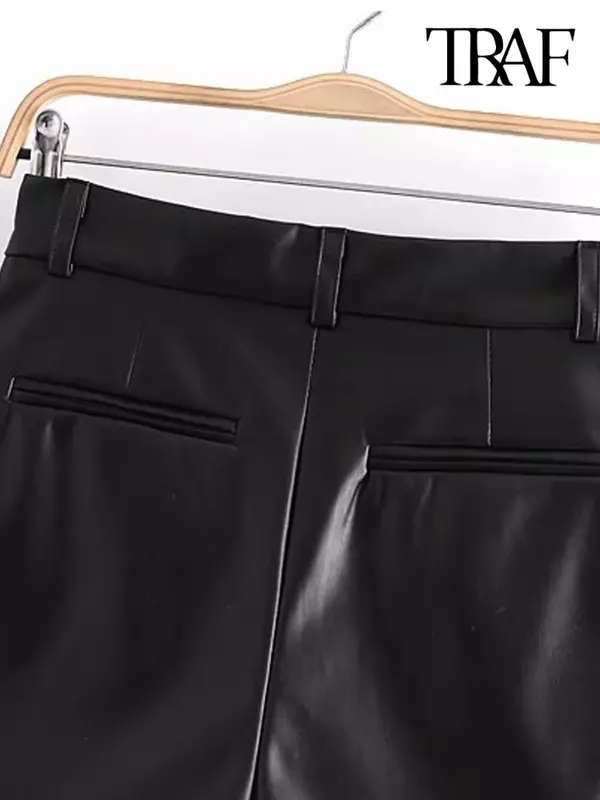 NMZM Shorts de couro sintético feminino, bolsos laterais, vintage, cintura alta, mosca com zíper, calça curta feminina, moda chique