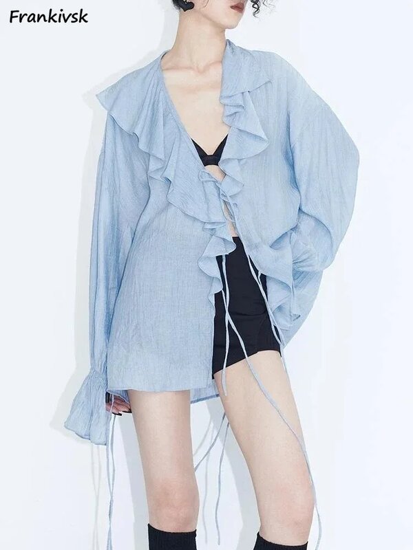 Kemeja Ruffles wanita Korea gaya Preppy bersirkulasi nyaman lengan panjang Fashion jalanan tinggi pakaian Hipster musim panas College Chic