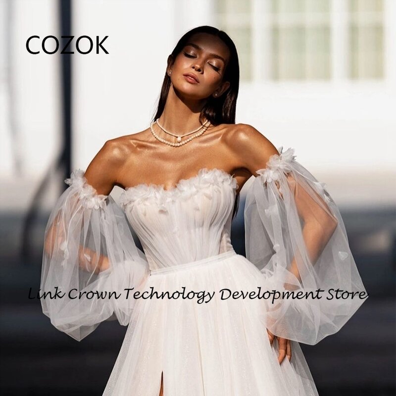 COZOK 여성용 스트랩리스 웨딩 드레스, 사이드 슬릿 소프트 얇은 명주 그물 전체 소매 신부 가운, 아플리케 2024