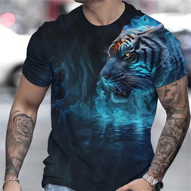 เสื้อยืด3D ภาพเสือลายสัตว์แขนสั้นสำหรับผู้ชาย, เสื้อยืดทรงโอเวอร์ไซส์แบบสวมหัวสำหรับฤดูร้อน