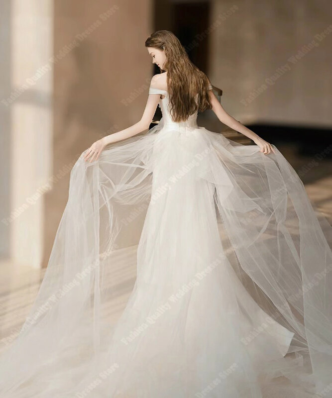 Gaun pernikahan wanita cantik gaun pengantin pengantin berkilau pesta dansa putri garpu tinggi model A-Line bahu terbuka Formal
