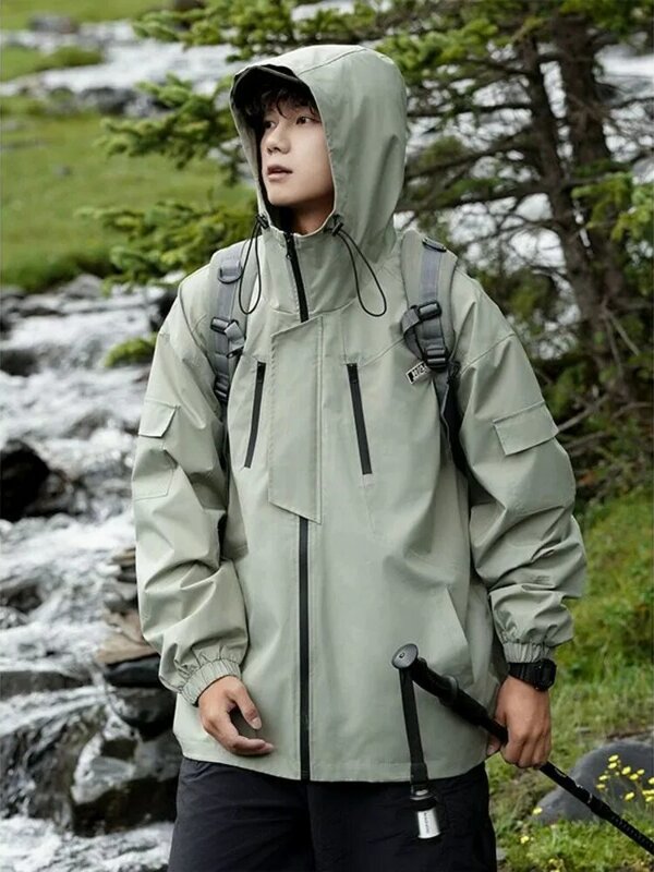 Men's Safari Style Outdoor Hard Shell Hooded Jackets 2024 New American Retro Classic Windbreaker Waterproof Mountaineering Coats