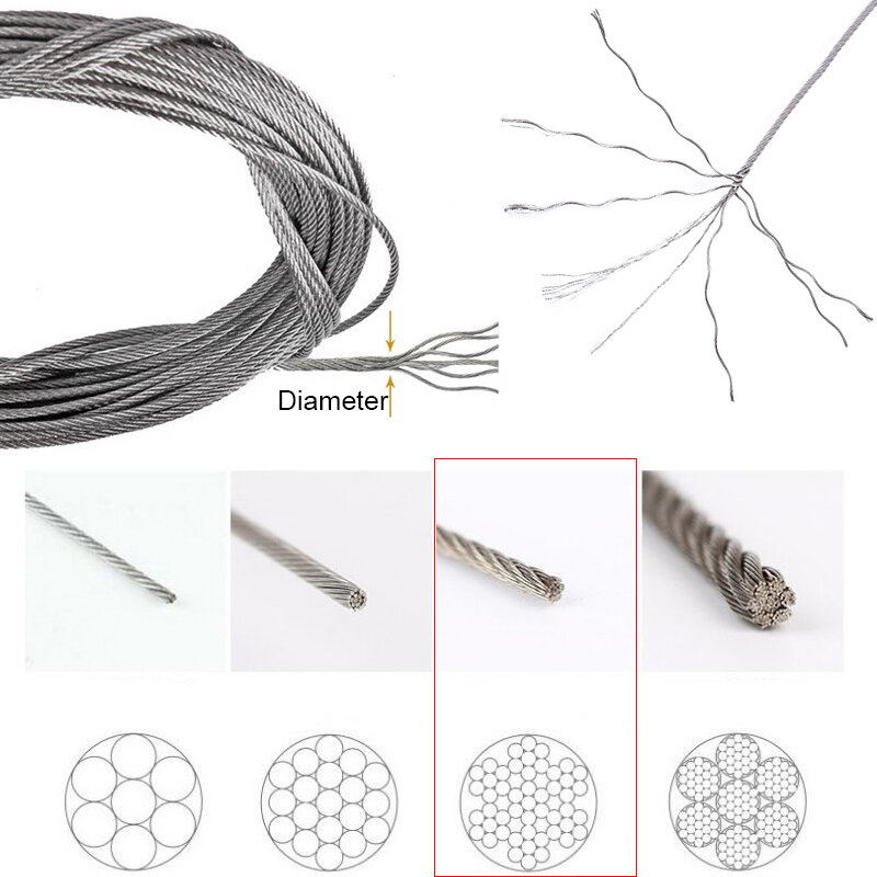 Câble métallique en acier inoxydable multi-brins, ULde suspension souple, ULde traction, support de séchage, main courante de clôture, structure 7x7, 5m, 10m