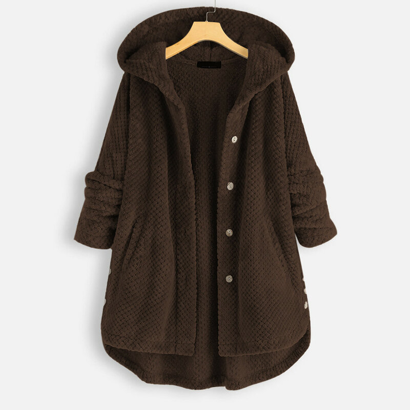 Casaco de pelúcia feminino com capuz, manga comprida, velo de botão, solto, irregular, vintage, outwear quente, inverno, outono