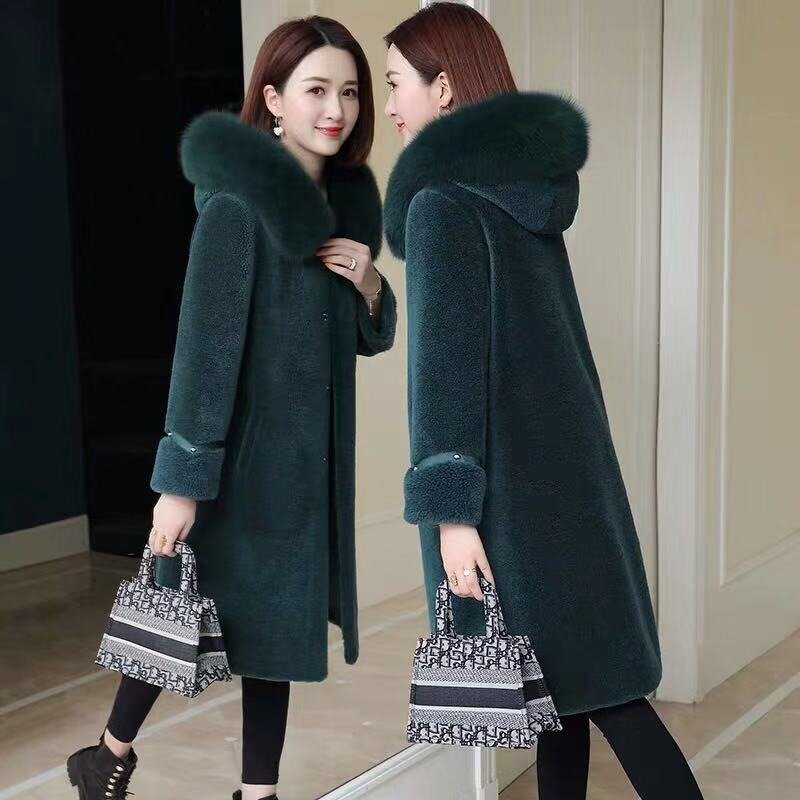 2023 Winter New Women Grain Cashmere Fur Coat Slim Large Size Long Parkas Thicken Warm Fashion Hooded Outwear Casual Mom Outfit