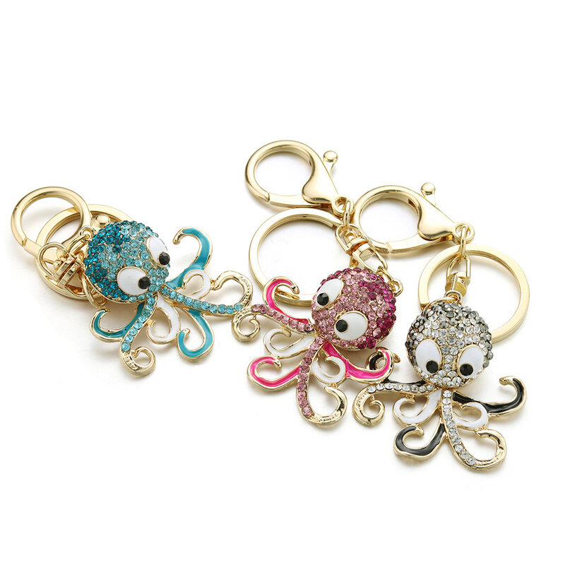 Dalaful Cute Octopus Keychain Keyring Crystal Ocean Animal Purse Handbag Bags Pendant Key Chain Ring Holder For Car Women K377