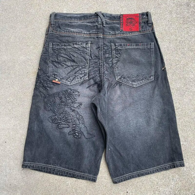 Шорты мужские джинсовые с вышивкой, повседневные в стиле хип-хоп, Goth Y2K, черные спортивные баскетбольные штаны с широкими штанинами, уличная одежда, лето