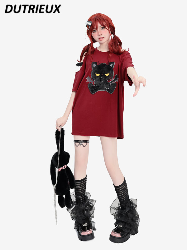 Camiseta holgada de longitud media para mujer, ropa con hombros descubiertos, estilo Punk, cuello redondo, manga corta, Color Rojo