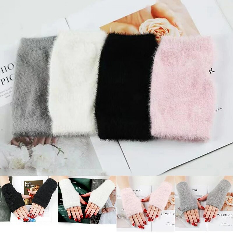 Fleece Soft Gloves Winter Fur Half Finger Gloves Women Plush Warm Fingerless Knitted Gloves Fluffy Wrist Mittens Writting