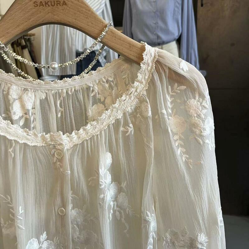 Conjunto de dos piezas de camisa Floral bordada para mujer, blusas elegantes de manga larga para oficina, Tops informales con botones