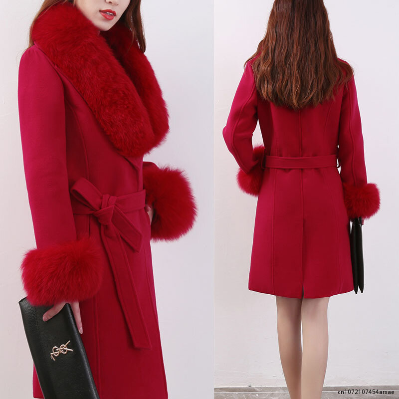Trench coat de lã fino feminino, OL de comprimento médio gola de pele sintética, laço, monocromático, outerwear feminino, outono, inverno, 2023