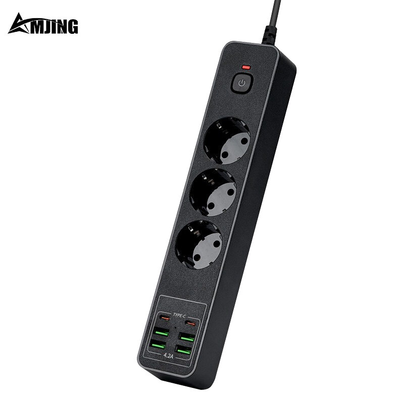 3000W 10A 250V 3 charging ports Power strip with Type-C USB 2m cable Overload protection power socket