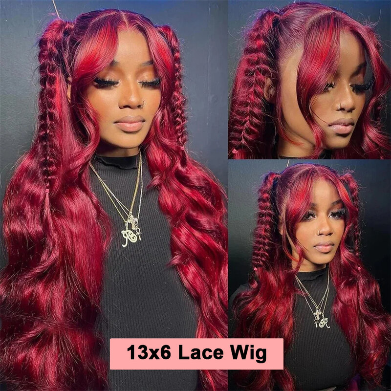 Peluca Frontal de encaje Borgoña 99J para mujer, cabello humano ondulado 13x4, prearrancado, color rojo, 13x6, HD