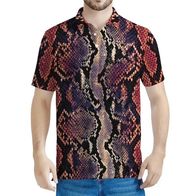 Рубашка-поло мужская с принтом змеиной кожи, уличная футболка-поло в стиле панк с 3D принтом животных, на пуговицах, с лацканами и короткими рукавами, разные цвета