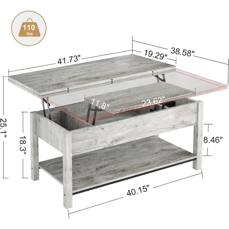 Grauer versteckter Speicher 41.7 "Lift Top Couch tisch wandelt in Esstisch für Esszimmer Empfangsraum Center Tische für Wohnzimmer