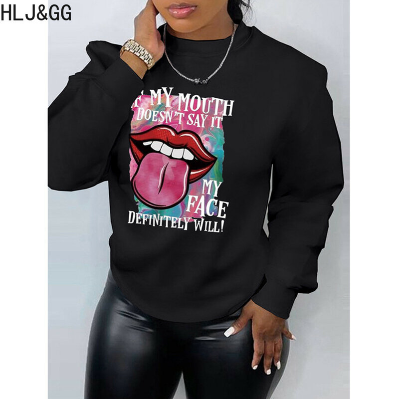 HLJ&GG Black Casual Pattern Printing Loose Top Women Round Neck Long Sleeve Sporty Clothing Female Matching Sporty Pullover 2024