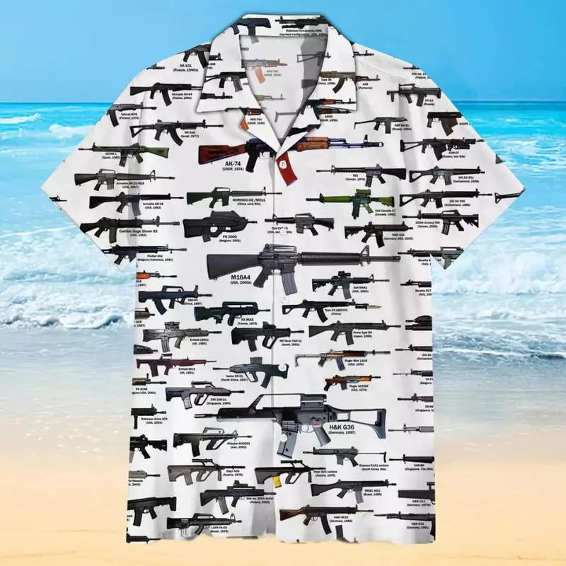Koszula hawajska dla mężczyzn pistolet graficzny t-Shirt 3d koszula z nadrukiem na plażę styl wakacyjny T-shirt męski odzież uliczna obszerna koszula