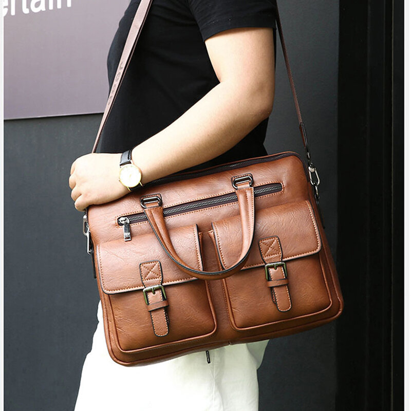Maleta de couro PU vintage para homens, mensageiro de negócios, bolsa Ita crossbody, bolsa masculina, bolsa para laptop, 14 ombro