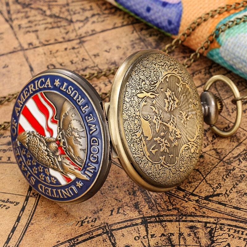 IN GOTT WIR VERTRAUEN Amerikanischen Adler Quarz Taschenuhr Vintage Bronze Vereinigten Staaten von Amerika Halskette Anhänger Beste Sammlerstücke