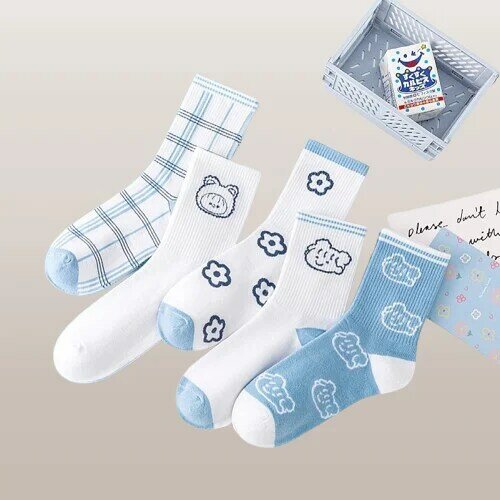 2024 New Fashion 5/10 Pairs Blue Socks Women's Korean Version Of The Tube Socks Cute College Style Student Versatile Stockings