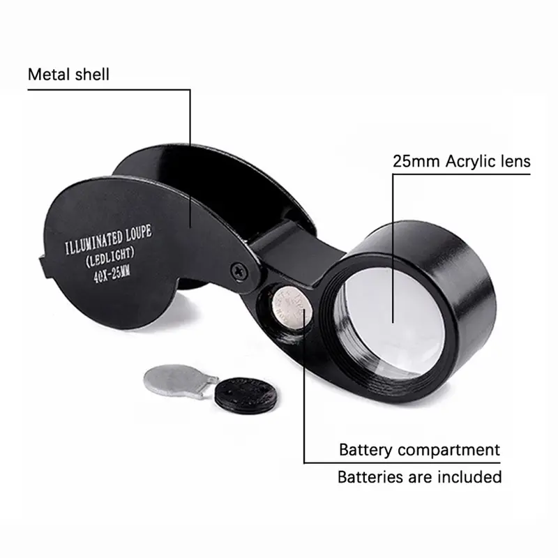 40X Magnifying Glass Jewelers Loupe Pocket Folding Magnifier With Light For Watch Coins Stamps Gems Jewelry Diamond Identifying