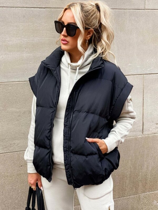 2023 New Winter Zipper Vest Women Warm Coat Turn-down Collar Button Sleeveless Jacket Overcoat Loose Waistcoat Vest Coat