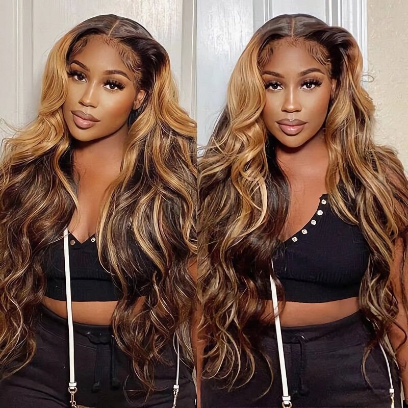 Highlight Ombre Body Wave 360 Lace Front Wig Human Hair 13x4 13x6 HD 4/27 Honey Blonde lace frontal Wigs Pre Plucked 200 Density