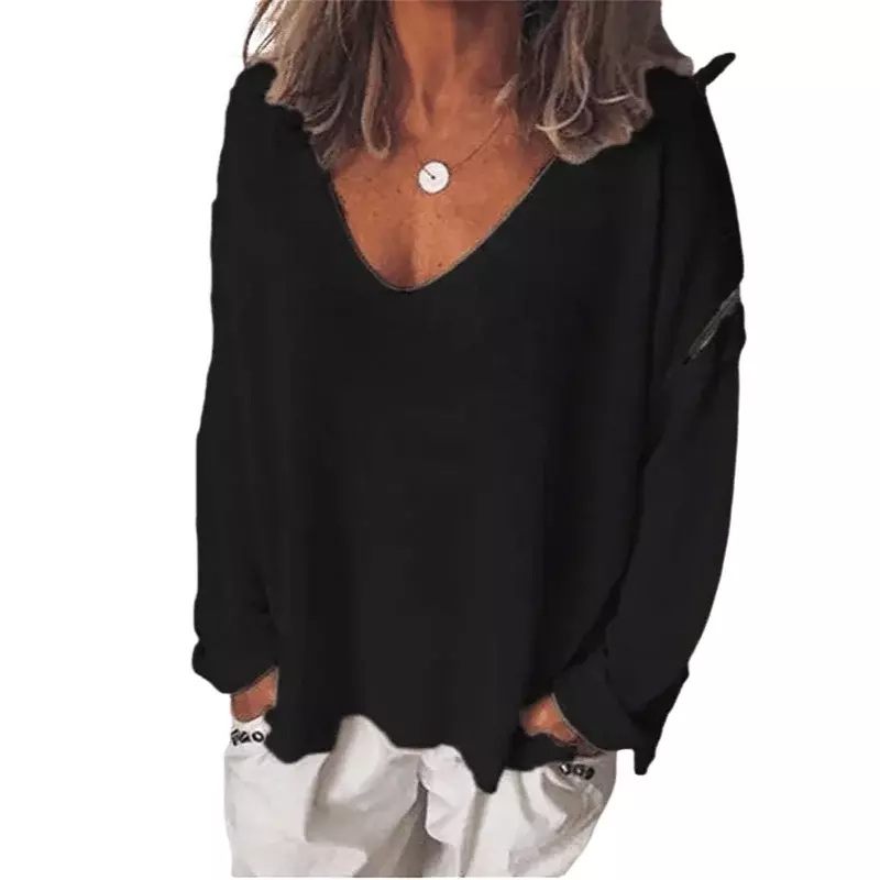 여성용 캐주얼 루즈 상의 브이넥 블라우스, 긴 소매, 얇은 옷, 데일리 패션, 단색 티셔츠, 여름 신상