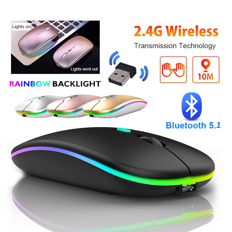 Ratón inalámbrico recargable con Bluetooth 5,1, dispositivo con USB RGB de 2,4 GHz, 1600DPI, para MacBook, tableta, ordenador portátil y PC