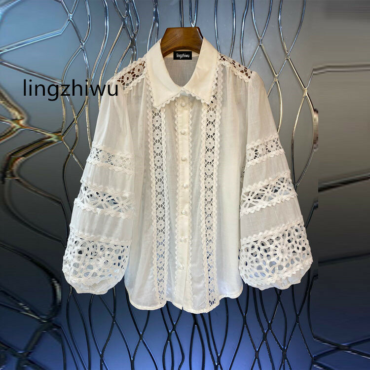 Women White Blouse 2024 Spring Female Hollow Out Turn-Down Collar Single Breasted Lantern Sleeve Top New Arrive