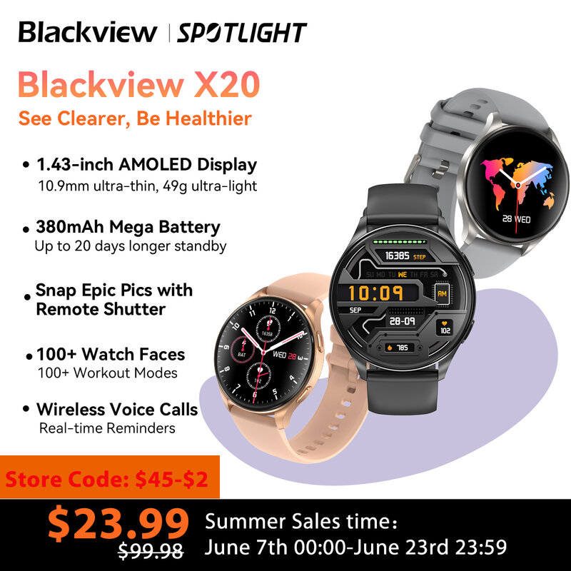 Blackview 2024 AMOLED 디스플레이 스마트워치, 하이파이 블루투스 전화 통화, 건강 및 피트니스 추적, X20 워치, 월드 프리미어