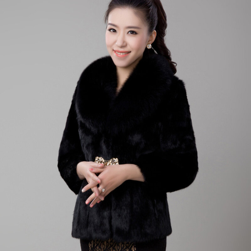 女性のイミテーションミンクの毛皮のジャケット、スリムなキツネの毛皮の襟のコート、秋冬の服、新しいファッション