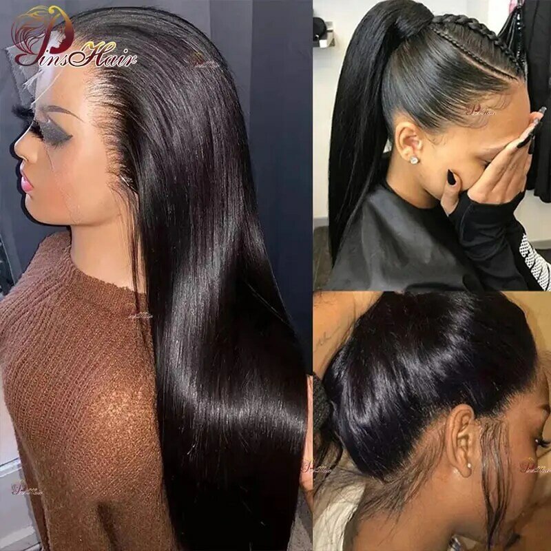 Proste 13x6 przezroczyste koronkowa peruka na przód ludzkie włosy wstępnie oskubane 180% brazylijska naturalna czarna 13x4 koronkowa peruka czołowa dla kobiet 34