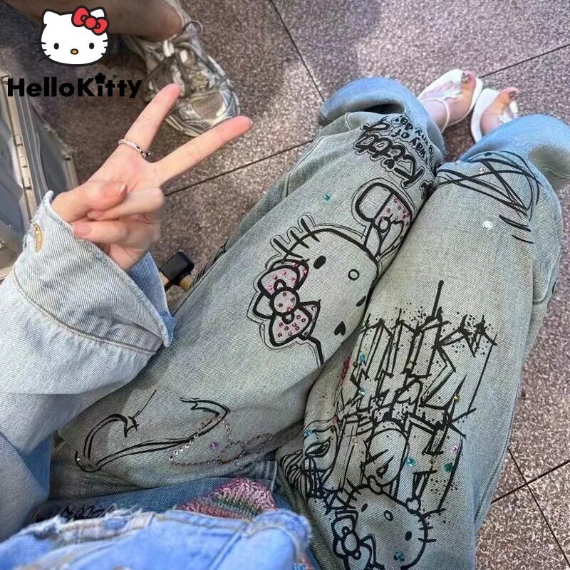 Sanrio Hot Diamond Hello Kitty Graffiti Women Jeans American High Street Y2k Girl Denim Trousers New Loose Casual Wide Leg Pants