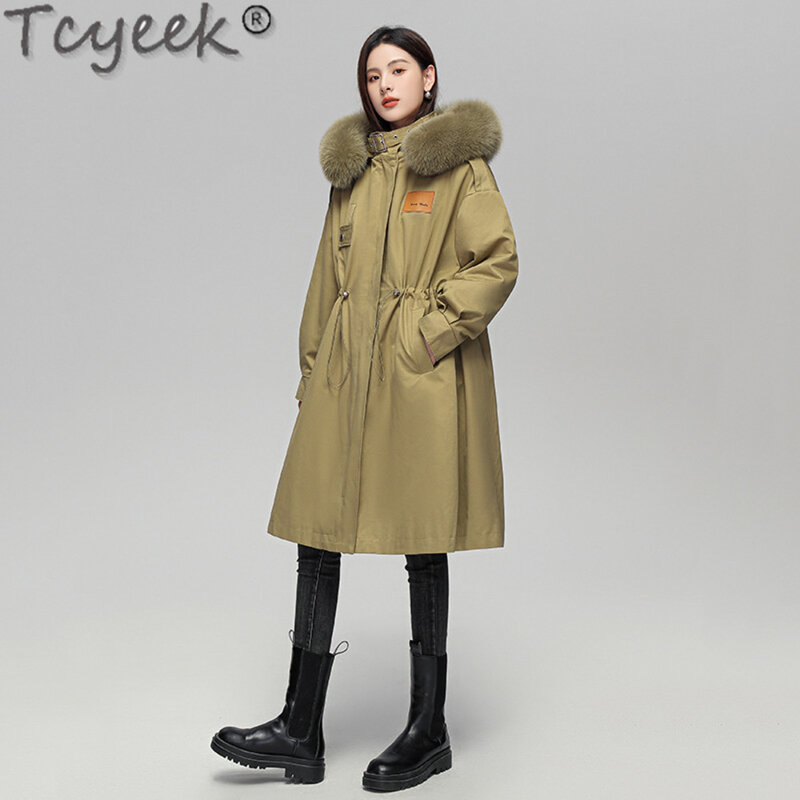 Зимняя парка с лисьим воротником Tcyeek 2024, элегантное женское пальто, теплая длинная куртка со съемной подкладкой, женская одежда