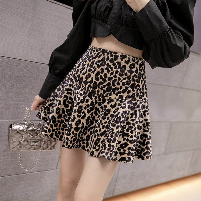 Leopard print skirt 2024 new women's skirt high waist f retro hip hop slimming printed a line fluffy pleated skirt
