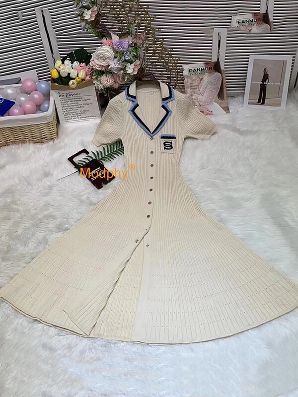 Modphy 2024 gaun panjang rajut ramping elegan Gaun Vintage Lengan Panjang desainer kancing sebaris huruf untuk wanita musim gugur