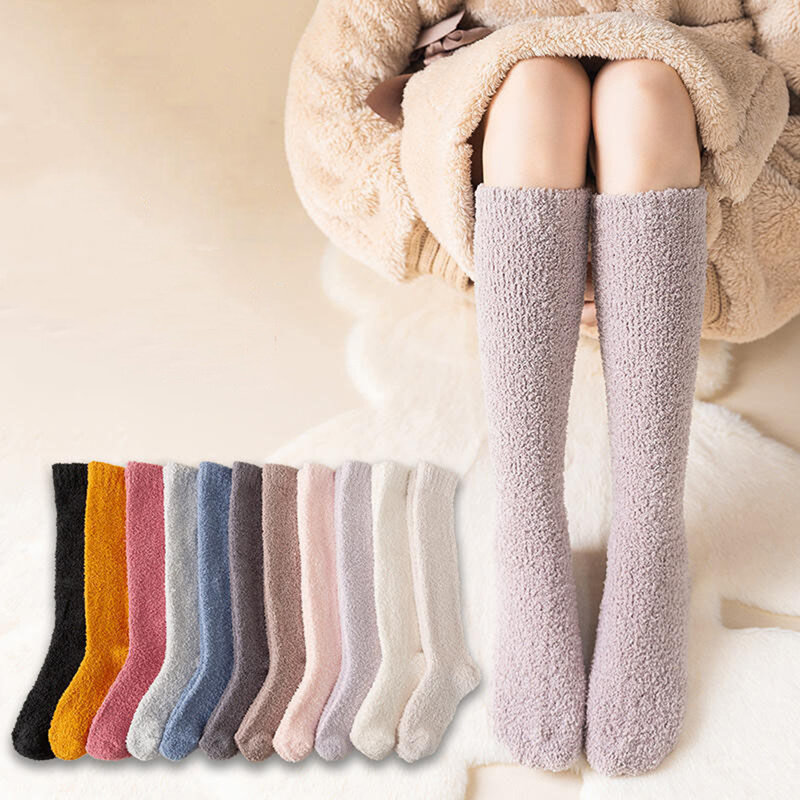New Soft Coral Fleece Stockings Women Winter Solid Color Warm Thigh High Stockings Home Keep Warm Over Knee High Long Socks 2023