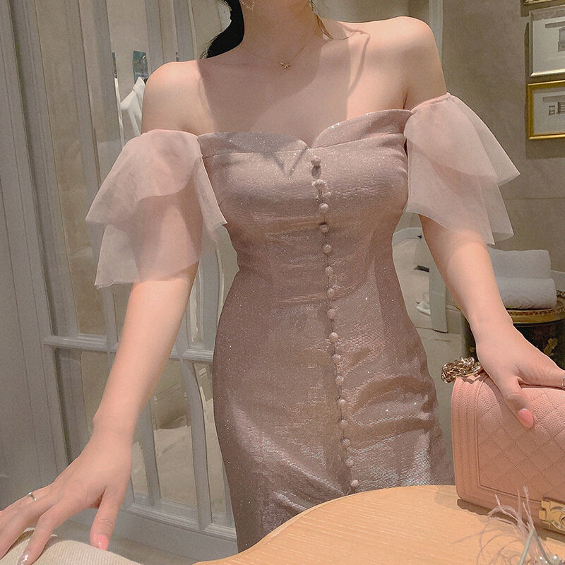 Novo um-ombro senhoras temperamento vestido feminino fino rosa único-breasted decorativo pequeno vestido doce estilo