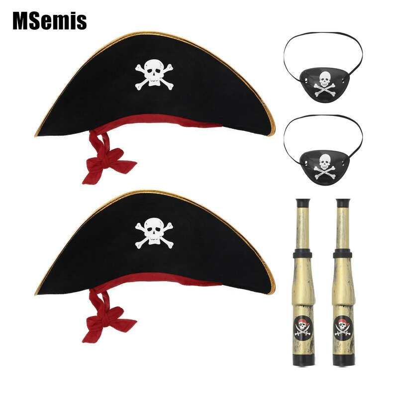 Ensemble de boucles d'oreilles avec tête de mort et boussole, 4 pièces/lot, jouet de Pirate, bandeau pour les yeux, capitaine de Pirate, Cosplay, chapeau pour fête à thème d'halloween