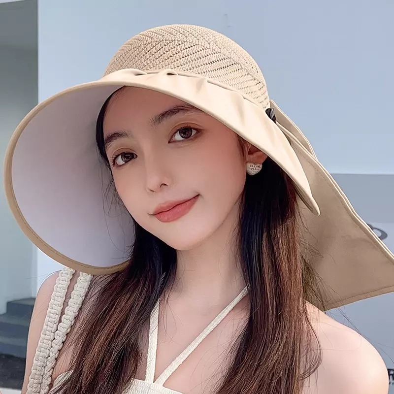 Sombrero de sol con tapa hueca para mujer, chal desmontable, sombrilla, protección UV para playa al aire libre, transpirable, Verano