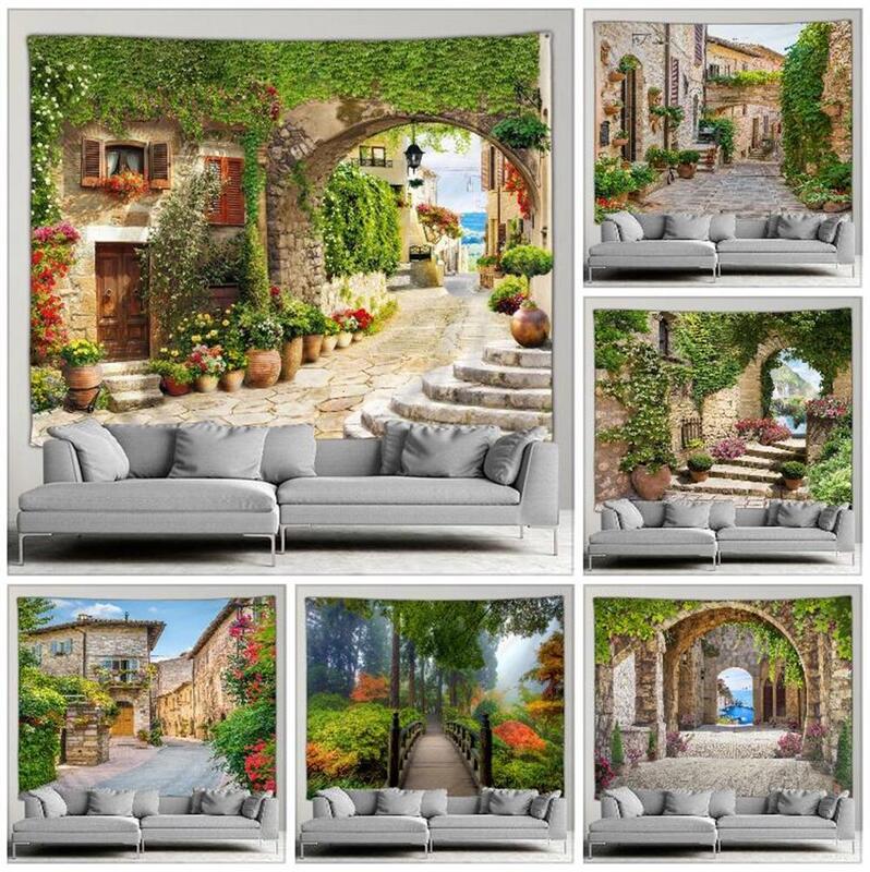 야외 정원 포스터 지중해 풍경 식물 꽃 태피스트리, 거실 침실 배경 벽걸이 예술 장식